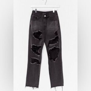 🚨 🆕 Nasty Gal Peek in Distressed Mom Jeans Washed Black | destroyed denim